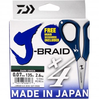 Шнур DAIWA J-Braid X4E-W/SC 0,07мм 135м dark green + ножницы