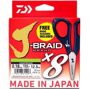Шнур DAIWA J-Braid X8E-W/SC 0,18мм 135м chartreuse + ножницы Шнур DAIWA J-Braid X8E-W/SC 0,18мм 135м chartreuse + ножницы