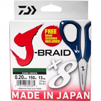 Шнур DAIWA J-Braid X8E-W/SC 0,20мм 150м dark green + ножницы Шнур DAIWA J-Braid X8E-W/SC 0,20мм 150м dark green + ножницы